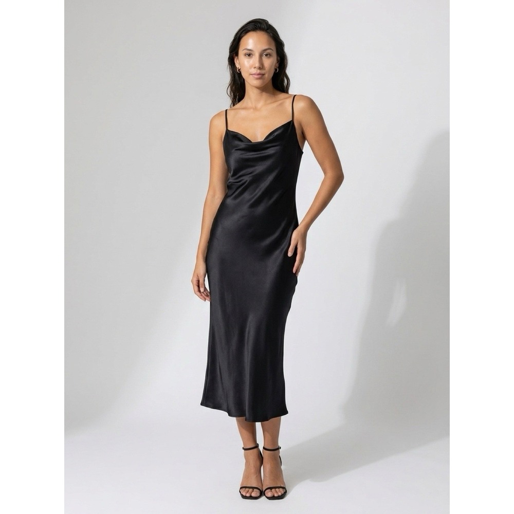 (b26/8)Bebe Black Slippery Satin Dress Draped Neck Sexy Gown Lingerie Size 0x